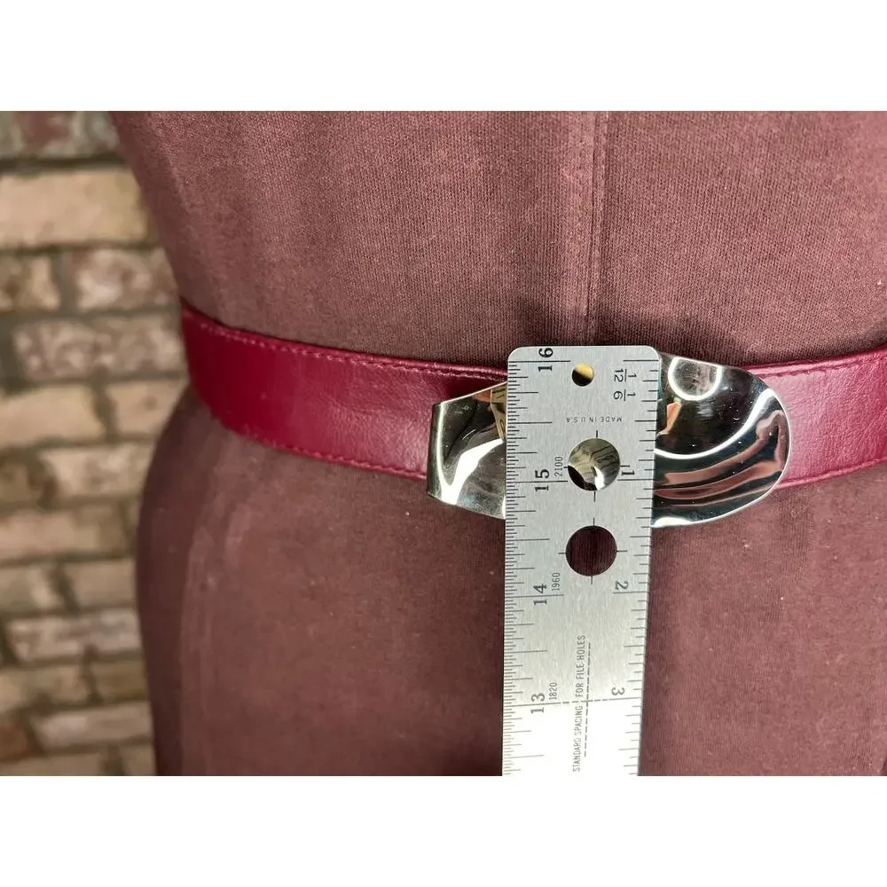 belt oval rippled buckle maroon burgundy wine silver vintage